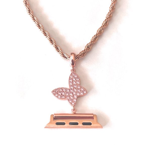 EMJ Apple Watch Rose Gold Pink Butterfly Pendant Chain Necklace 42/44/45 mm - Picture 1 of 3